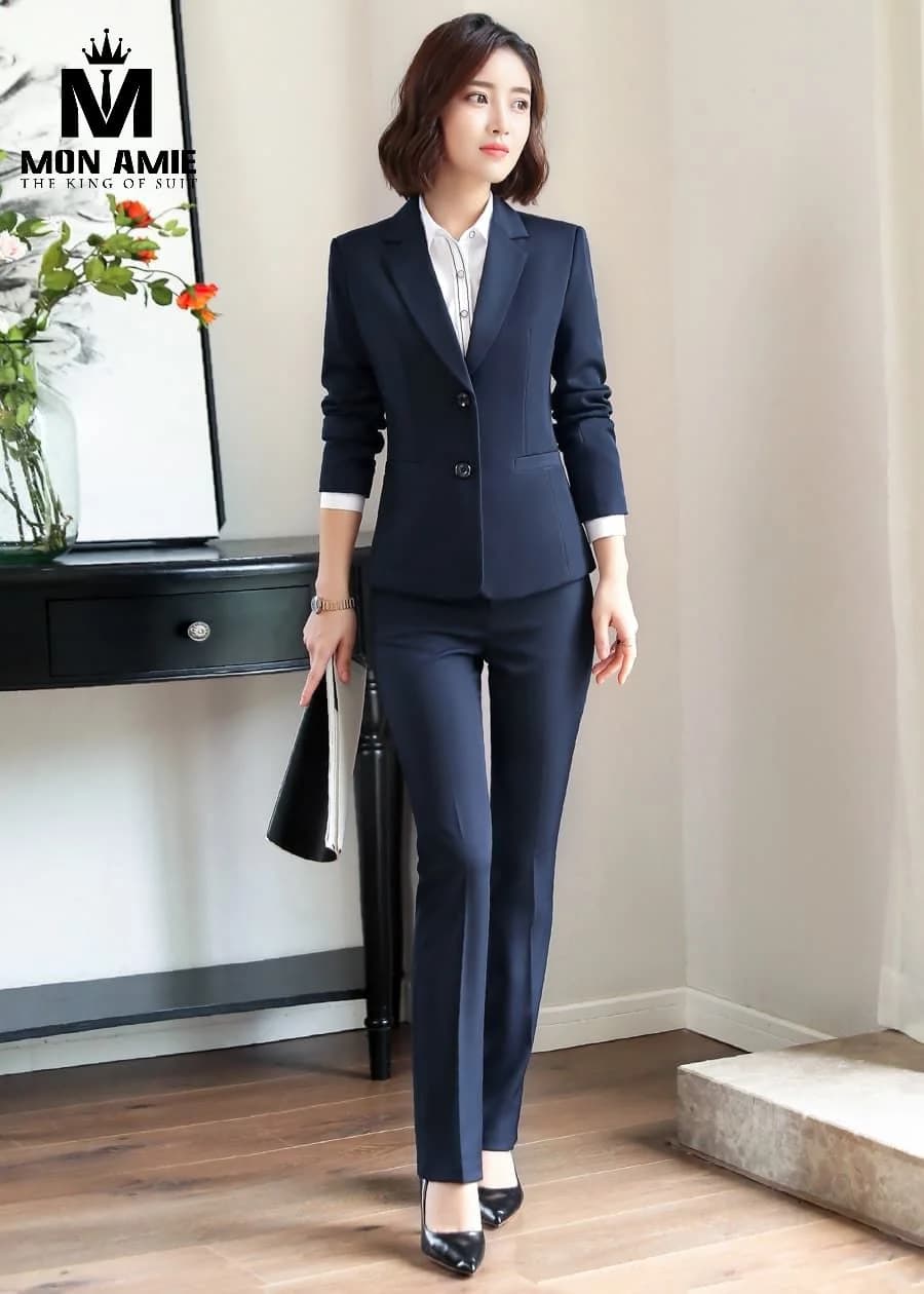 Suit Nữ Xanh Navy Hai Nút Nhấn Eo Quần Ống Suông · Xanh navy — vest nữ doanh nhân